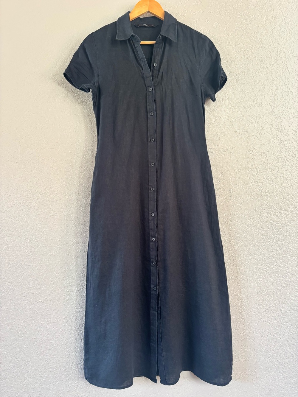 Peruvian Connection Linen Midi Shirt Dress Size 4 Black Button Front Pockets